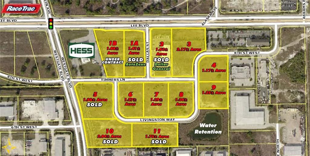 1.88 net usable acres Lot# 1B of 8 remaining lots at Westgate Regional Centre Commercial Plaza CPD with off-site water retainage area, located at SE corner of the Lee Blvd and Westgate Blvd in Lehigh Acres at a signalized intersection. Individual lots can be purchased separately. The original 28.32 acres CPD was approved for 200,000 SFT specific Commercial/Light Industrial uses. Lot 1A, 2, 10 & 11 are sold. The remaining 12+/- acres 8 lots can be purchased at the bulk sale of $2,450,000, accommodating approximately 131,000 SFT of commercial buildings.
