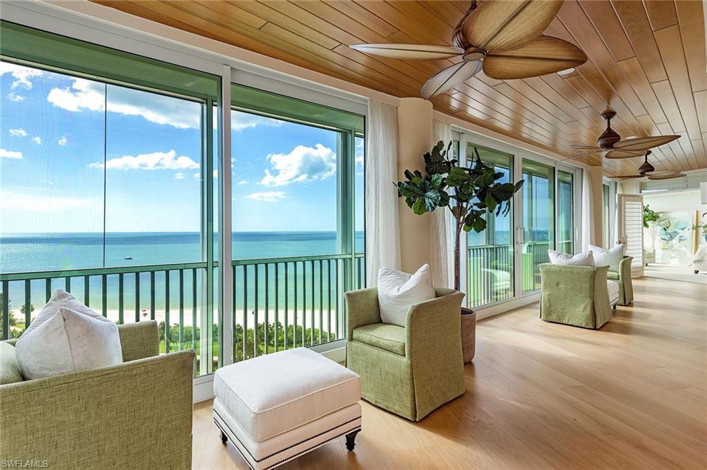 Breathtaking unobstructed Gulf and bay views from this Le Ciel Park Tower residence will make you want to stay here forever! The expansive lanais on this #02 residence have been beautifully incorporated into the living area with new white framed impact glass sliders that enhance Gulf views and sunsets gazing west or Venetian Bay views and sunrises from the spacious den/3rd bedroom. This den has a built-in desk, shelves and storage and can be an en suite 3rd bedroom streaming in the sun's morning rays. This casually elegant home has white oak floors throughout the main living areas, carpet in bedrooms and tile in baths. The white kitchen is delightful with all Miele appliances and a Monogram induction cooktop. A perfect built-in breakfast area and desk feature comfortable chairs and an ambiance that makes you want to linger awhile. With sunsets 365 days a year from the kitchen, dining room, living room and master bedroom, you have options on where to sit and enjoy it. All closets are built out with excellent storage. Baths have sitting areas with storage. A breakfront houses a large screen TV in the living room. There are two parking spaces.