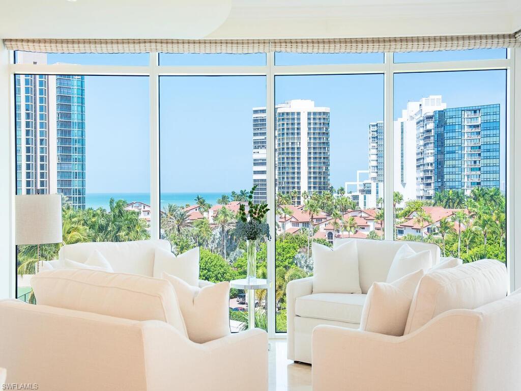 Beachfront Living with views of the Gulf, Bay, and City lights!  Easy walk to Venetian Village for shopping and dining!  This 6th floor corner Aria unit (with high ceilings) has additional living space - enjoy the views from the added sunroom and much desired separate office space!  Fresh look and immaculate with Sub-Zero Refrigerator and freezer drawers, stand alone Ice maker, and much more.   Aria is the newest beachfront building with fabulous amenities: Two 5-star guests suites for owner's guests, large beachside pool and spa, billiard's room, private dining room, club room, massage and spa areas, fitness room, covered bar area, grills at pool side, outdoor shower, and a great management team on-site.  Park Shore is centrally located in the heart of Naples - Close to Downtown, Waterside shops, and Mercato.