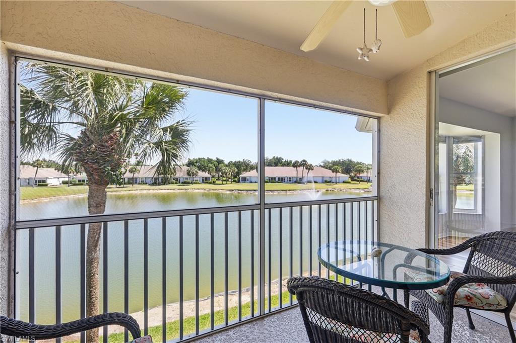 Not a better lake and golf course view in this community. Enjoy watching eagles and other birds from your eastern facing lanai. With the many updates, including both bathrooms, kitchen counters and appliances as well as flooring, you will look forward to relaxing in your winter get-a-way. With the light interior and being sold turnkey with nice furnishings, this home is ready for the next owner to settle right in. The top floor gives you high ceilings, no chance for noise from neighbors above or an unfortunate water leak coming down. Not to mention the benefit of an elevated view. This condo is complete with covered parking and an outdoor storage closet. The Villages at Country Creek give you a resort-style golf and tennis community where the activity abounds. It is a most welcoming community with an 18-hole bundled golf course with low cart fees, a full service restaurant and bar and outdoor patio bar to enjoy your favorite lunch or a refreshing beverage. Social activities are abundant in this friendly community offering golf and tennis leagues, bocce leagues, 5 pools, spa for 10, Wii bowling and a vibrant bar ideal for Sunday afternoon football fun! Other activities include book clubs, knitting circles, card clubs, volunteer groups and Glo-Golf coming up soon. Location is perfect between Naples and Ft. Myers and minutes from RSW airport, post office, library, casual and fine dining, Coconut Point, Miramar Outlets and the Gulf Coast Town Center along with the beautiful beaches of Southwest Florida.