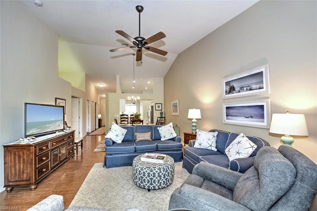 If you are looking for a completely updated Furnished coastal contemporary condo in a quiet setting with lake and golf course views, this is the one for you.
Updates include gorgeous quartz counters and beautiful backsplash in the kitchen, newer stainless steel appliances, a newer air conditioner, heating system, water heater and thermostat. There are gorgeous tile and vinyl plank flooring throughout. The private lanai offers a comfortable setting to take a nap or read a book.

The master bathroom has been completely updated, the den is a quiet spot for guests or your home office, the guest room offers a welcoming area for visitors. Just a short distance to the community pool, with a detached garage for your convenience.

Located in the Heart of Bonita Springs between I-75 and 41 in a public golf course community, offering pools, tennis, pickleball and bocce courts, fitness center and clubhouse all within walking distance to Old Bonita and Publix.