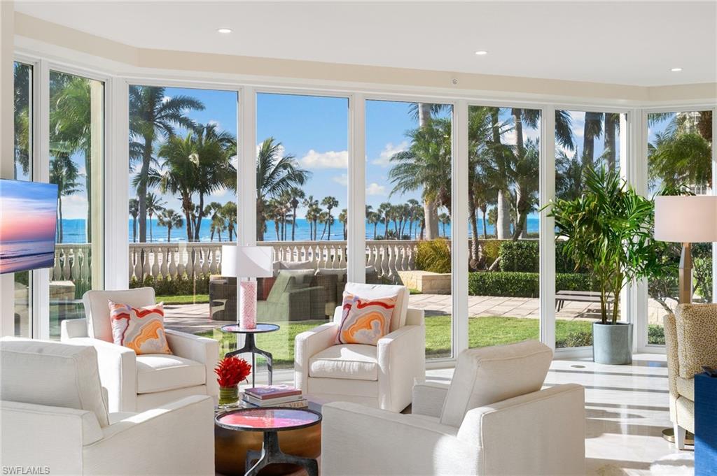 Truly one of a kind, this spectacular garden residence at The Brittany delivers an unparalleled beachfront lifestyle. Boasting sweeping southwestern exposure and breathtaking Gulf views, this exceptional offering features a nearly 8,600-square-foot private terrace overlooking the Gulf — an extraordinarily rare outdoor retreat that lives like a private beachfront estate. Designed for grand-scale entertaining and serene coastal living alike, the expansive terrace creates a seamless indoor-outdoor experience rarely found in high-rise residences. Inside, over 3,700 square feet of thoughtfully designed living space includes three bedrooms, three-and-a-half baths, and a newly enclosed panoramic Gulf-view room, offering privacy and comfort for family and guests. Neutral tile flooring provides a timeless backdrop for personalization, while floor-to-ceiling glass, 9’6” ceilings, and a separate sunrise patio fill the home with natural light and coastal ambiance. Enhancing its rarity, the residence includes a designer-finished private pool cabana featuring dedicated facilities, a beverage refrigerator, and beach storage — ideal for effortless days by the water. In addition to convenient same-floor storage, this residence also offers a rare, large private air-conditioned storage room, providing exceptional space for seasonal items, recreational equipment, or valuables — a highly coveted feature in beachfront condominium living. Completing the offering are two prime parking spaces, adding both convenience and value to this extraordinary property. From sunrise coffee to sunset gatherings overlooking the Gulf, this residence offers the feel of a true beach house with the security and amenities of luxury high-rise living. A remarkable opportunity, Brittany G7 represents one of Naples’ most distinctive and rarely available beachfront properties.