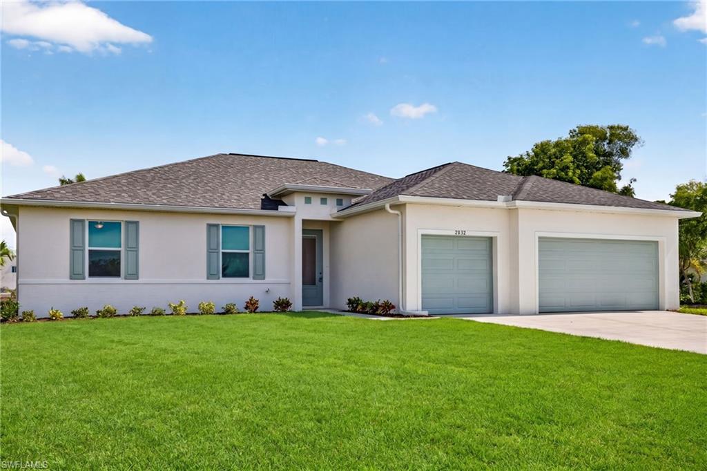 $20,000 CLOSING COST CREDIT AVAILABLE! NEW CONSTRUCTION READY NOW | TRIPLE LOT | SOUTHERN EXPOSURE| ROOM FOR POOL | Dual Primary Suites | 3 Bathroom | 3-Car Garage | Move-In Ready NOW. Introducing The Bluewater Cove, an expansive single-story new construction home in Cape Coral offering 4 bedrooms, 3 bathrooms, and a rare dual primary suite layout ideal for multi-generational living, guests, or a private office retreat. The bright open-concept floor plan features soaring tray ceilings, a spacious great room, and seamless indoor-outdoor living. The chef-inspired kitchen includes quartz countertops, soft-close all-wood cabinetry, stainless steel appliances, a large island with breakfast bar, and an oversized walk-in pantry. The main primary suite offers direct lanai access, dual vanities, a large glass-enclosed shower, and a walk-in closet. The second primary suite includes its own private bath (with access to the lanai -perfect for your future pool) and walk-in closet, providing flexibility and privacy. Two additional bedrooms share a third full bathroom in a split-bedroom floor plan. Enjoy outdoor living on the expansive under-truss lanai with plenty of room to add a custom pool and outdoor oasis. Additional features include tile flooring throughout, impact windows and doors, an elevated lot outside the flood zone, and a spacious 3-car garage. Conveniently located near shopping, dining, entertainment, and with easy access to Fort Myers Punta Gorda and Southwest Florida beaches. Built by a trusted local builder and backed by a 1-year workmanship and 10-year structural warranty, with energy-efficient systems. One or more pictures may be virtually staged. This is the Bluewater Cove Plan.