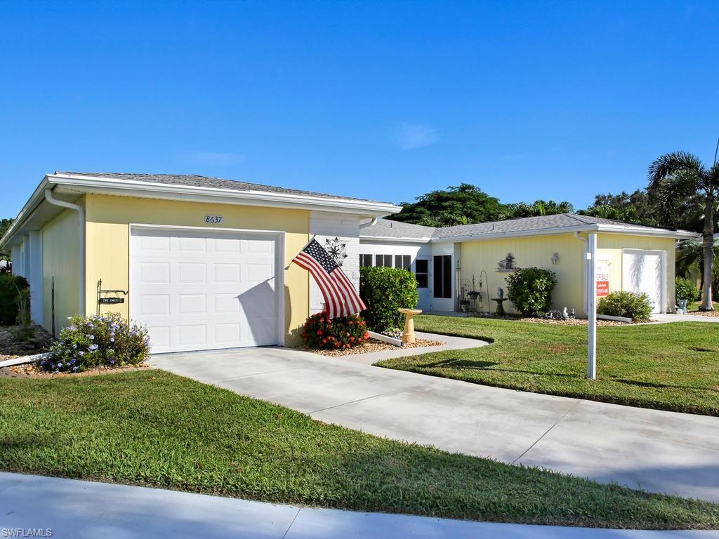 Come tour this 2 bedroom 2 bath villa located in Leisure Estates which is conveniently located within minutes from Bell Tower Shops, Restaurants, Entertainment, Universities, Stadiums, Southwest Florida International Airport and Beaches. This quiet community offers low HOA fees and the home is located on a cul-de-sac. It offers single car attached garage with additional driveway space for an additional vehicle in addition to guest parking area. Updates: Kitchen done by Cornerstone, Master bath has been updated, second bathroom has been partially updated, laminate floors throughout bedrooms and living room, tile floors in kitchen and bathrooms, newer AC, and hurricane window/ electric shutters.