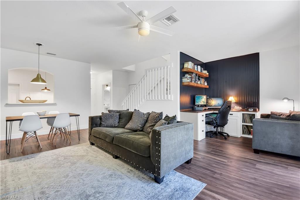 Wonderful townhome in gated community! Situated in one of the fastest growing corridors of Fort Myers and close to all of the conveniences of life along w/ having easy access to I-75 and the Spring Training Fields of the Boston Red Sox & the Minnesota Twins. This 2-story home offers a comfortable layout w/ great room design, spacious kitchen w/ breakfast nook, half bath off of foyer, open front lanai, screened rear lanai, all three bedrooms on second floor, and a one car garage. Stunning custom woodwork can be found throughout- built-in seating in breakfast nook, built-in home office area off of great room, wainscoting, and shiplap walls. You will love the low-maintenance living that Colonnade At The Forum offers, plus it has activities for every member of the family- pool, exercise room, basketball, tennis, BBQ/picnic area, and a covered playground.