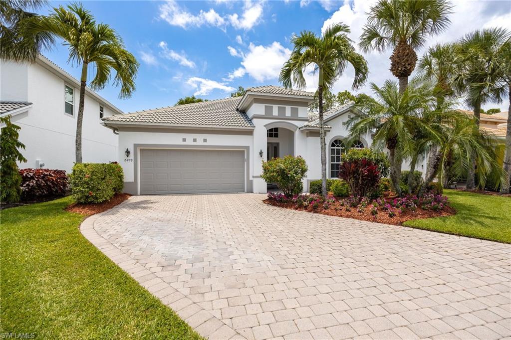 Stunning Single Family Home located in DELASOL, a resort style community. This 2 bedroom w/ den, 2 full bath home includes a 1995 sq. ft. open floor plan with a separate eat-in kitchen, formal dining room, den, sitting area and living room PLUS 590 sf of covered, tiled outdoor space! Elegantly appointed, the interior features 12-ft ceilings with crown molding and three trey ceilings. An impressive 8-foot custom glass entry door with sidelite sets the tone. The kitchen boasts granite countertops, a matching backsplash, under-cabinet lighting, newer SS appliances and a breakfast bar. Ideal for entertaining, the large great room and breakfast nook/sitting area flow seamlessly onto the expansive screened lanai through accessible sliders. Elegant columns with professional artist marbleizing and a trey ceiling highlight the formal dining room. Retreat to the spacious primary suite, featuring another tray ceiling, walk-in closet, access to Lanai and a fully tiled en-suite bath with dual vanities and a glass-enclosed shower. Enjoy ultimate privacy and tranquil views of lush, professional landscaping from your massive screened lanai, complete with Kevlar Hurricane Screen & tiled flooring. Additional features include LVP flooring throughout with warm wood flooring in bedrooms & den; an extra-long pavestone driveway, a 2019 tile roof, a 2017 HVAC, new ceiling fans, freshly painted & well maintained overall. Home is offered turnkey. Delasol is a gated community that offers low HOA fees (includes cable/internet), sidewalk-lined streets, active social events, a clubhouse, heated pool, fitness center, play area, tennis, pickleball, and basketball. Flood Zone X! Prime North Naples location just off Livingston Rd. and close to award winning beaches, exquisite shopping, entertainment and fine/casual dining.