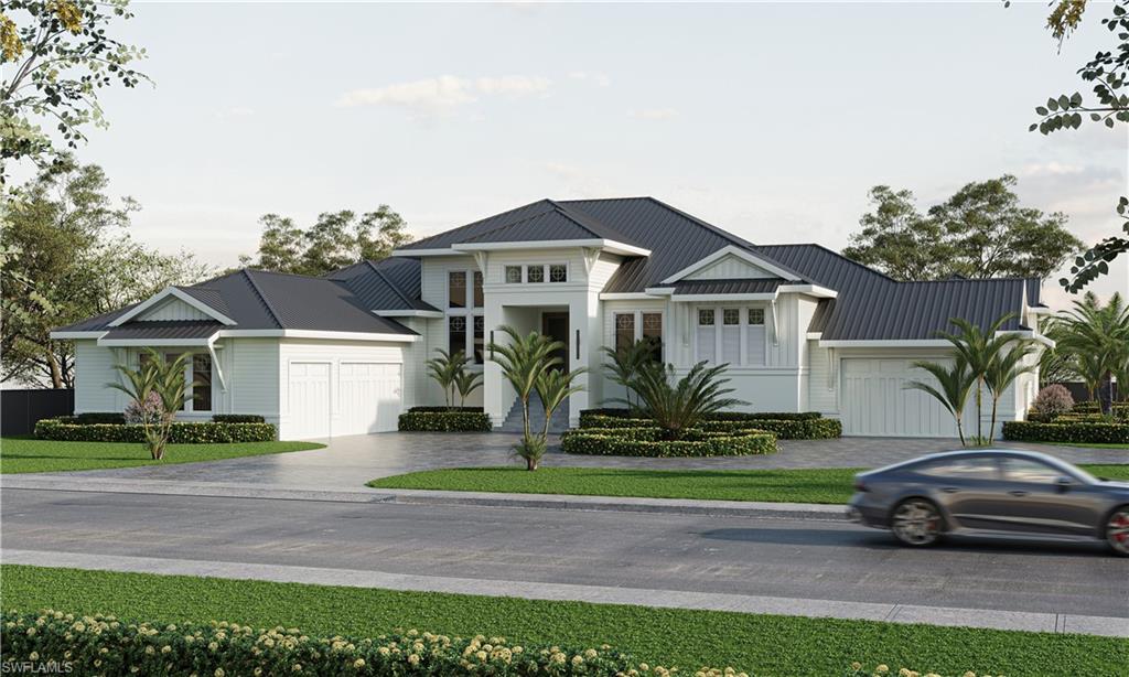 One or more photo(s) has been virtually staged, AI generated or rendered.  Pre-construction designer coastal estate conceived for open-plan luxury living on an expansive 0.49-acre homesite. Offering approximately 5,473 SF A/C | 8,193 SF total, this 5 Bed | 6.5 Bath residence delivers exceptional scale, privacy, and architectural presence in the prestigious Estates section of Marco Island. Featuring 18-foot volume ceilings, wood beam tray ceilings, and a standing-seam metal roof, the refined coastal exterior blends board-and-batten, horizontal Hardie siding, and stucco--creating a timeless architectural profile with modern coastal elegance. The dramatic 30' x 25' great room anchors the open-concept layout, highlighted by a striking interior linear fireplace and flowing effortlessly into a dine-in chef's kitchen overlooking an expansive lanai and resort-style pool. The kitchen is appointed with Sub-Zero and Wolf appliances, a statement island with sink and dishwasher, 48-inch cooktop, walk-in pantry, and flexible dining spaces suited for both everyday living and elevated entertaining. All bedrooms are en-suite, offering privacy and comfort for family and guests. The primary suite is envisioned as a private retreat, featuring dual oversized closets, a boutique-style dressing room with center island, secondary walk-in closet, dedicated laundry, attached study, and a secluded private courtyard with pergola and firepit--creating a serene, resort-inspired escape. A separate wing accommodates the remaining four en-suite bedrooms and includes a second dedicated laundry for added convenience. Outdoor living is a defining feature, highlighted by a 71-foot covered lanai, resort-style pool and spa, and a fully equipped pool house (approx. 335 SF) with wet bar, refrigerator, sink, storage, and full bath--ideal as a guest cabana, entertaining pavilion, or private retreat. A pavered circular drive, generous motor court, and lush tropical landscaping enhance both arrival and privacy. Car enthusiasts will appreciate garage capacity for up to six vehicles across two structures, including additional workshop space. Additional features include a private elevator, tankless water heater, 500-gallon buried LP gas tank, whole house generator readiness and a hollow-core foundation with concrete slab floor providing access to an immense walk-in storage area beneath the home. Designer-selected fixtures, finishes, and materials will be thoughtfully curated throughout, with a detailed specifications package available outlining the level of quality and craftsmanship to be delivered. Built by Coastal Build LLC, led by Matt Barhoum, a respected Marco Island luxury builder known for crafting distinctive high-end coastal residences with exceptional attention to detail, this offering represents a rare opportunity to secure a newly built estate of this scale and caliber in one of Marco Island's most sought-after neighborhoods.