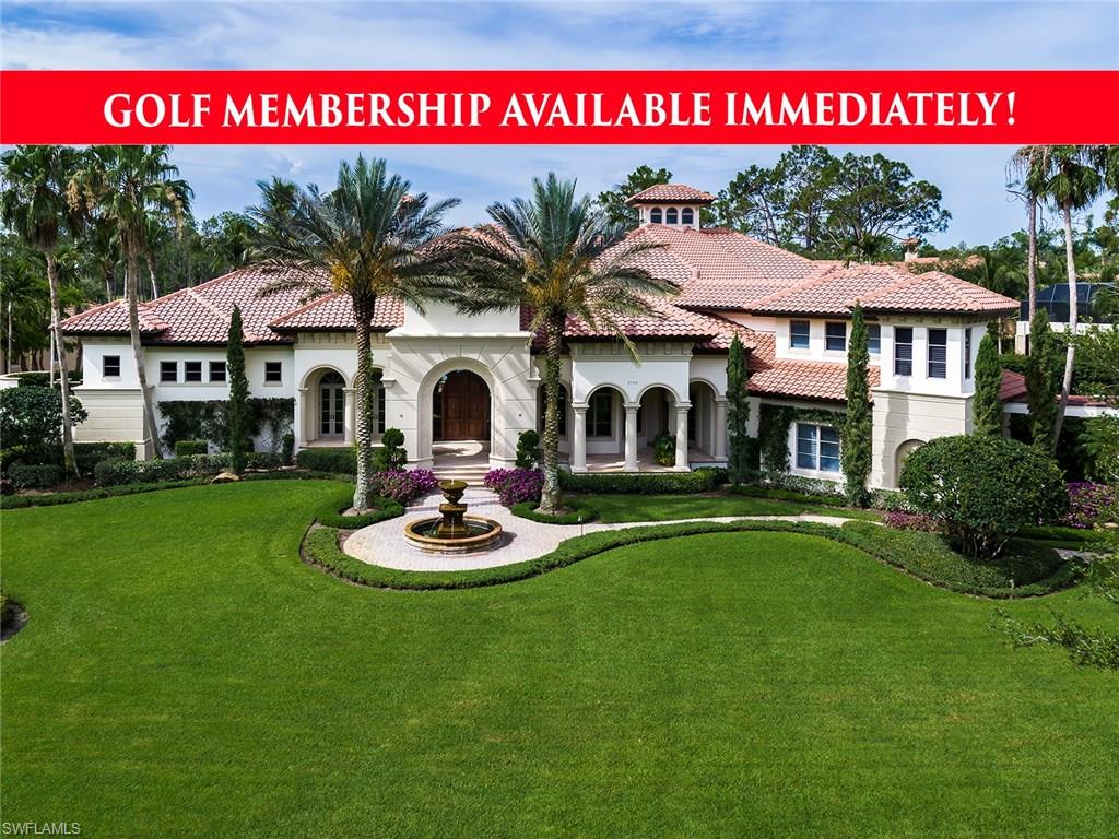 GOLF MEMBERSHIP IMMEDIATELY AVAILABLE!  Masterfully designed two story estate by Kurtz Homes with fantastic Southern exposure lake & golf course views. This striking residence features wood adorned volume ceilings, climate controlled wine cellar, elegant marble & wood flooring & unparalleled outdoor views. State of the art stainless steel built in appliances, light wood cabinetry, granite center island & countertops are found in the gourmet kitchen. Two sets of 90 degree disappearing sliders in the spacious family room provide seamless transition from indoor to outdoor living. The main floor master suite is a relaxing retreat with a luxurious master bath with a jetted soaking tub, his & hers vanities & walk in steam shower with lush garden views. The second story loft encompasses two guest suites, home theater & additional bonus room all with a covered wrap-around veranda. With outdoor access from almost every room in this estate, the covered multi-level lanai allows for endless entertaining, featuring a covered fireplace, summer kitchen, dining areas & lighted bocce ball court. Flowing lake & golf course views.