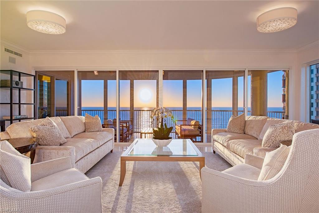 One of the sought-after beachfront addresses, Le Jardin is a boutique building with only 52 residences. The stylish interior design of this newly renovated offering exudes cosmopolitan sophistication. The subtle color palette of sand, sea and sky hues creates a setting to toast sunsets night after night, as well as the sparkle of inland lights over the city and Venetian Bay. Spectacular vistas of the Gulf greet you upon entering the residence from the private elevator lobby and continue throughout encapsulating the personality of the bay to the east, all enhanced by the floor-to-ceiling windows and 9 ½-foot ceilings. Moving through the open and light-filled spaces, there is a sense of tranquility and permanence created by the finely crafted built-ins, architectural details, and highest quality furnishings and finishes by interior designer Janet Bilotti. This is one of the finest residences available along Gulf Shore Boulevard. Amenities include a beachside pool and spa, wonderful party room/bar, fitness center, men and women sauna and steam rooms, Har-Tru tennis court and 24-hour door service. The Village on Venetian Bay is just across the boulevard providing upscale dining and shopping.