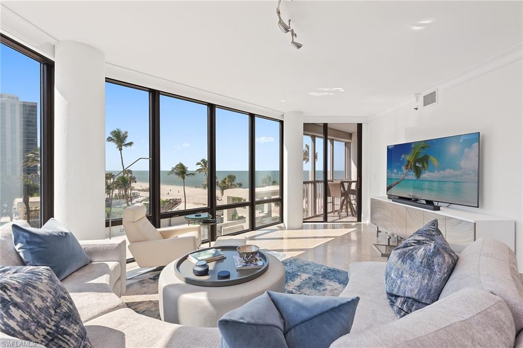 This beautifully redesigned home offers spectacular panoramic 4th floor views through floor-to-ceiling windows, starting at the Gulf of Mexico and sweeping south around to Venetian Bay. Watch the sun rise and set from the comfort of your home. The renovation just completed by Build Inc didn’t leave anything to the imagination. High-end finishes accent the updated space, including custom cabinetry, recessed lighting, electric shades, crown molding and stunning stone countertops. The open kitchen boasts a breakfast bar, tile backsplash, built-in dining table, soft-close cabinets and Thermador wood-paneled appliances. Extra features in the master suite make this a must see, with custom closet cabinets with leather pulls and a spiral rack, back-lit and self-defrosting mirrors, and a jetted tub. With an expansive living area, 2 private screened balconies and plenty of storage, this home takes care of all your needs. It comes with two under-building parking spots, extra storage room, and 1 dog or 2 cats under 25 pounds are permitted. Leasing is allowed once per year with a 90-day minimum. Le Parc sits at the northernmost end of Gulf Shore Blvd, just under a mile from the shops and dining at Venetian Villages, and steps from the Park Shore Promenade, a private 1.3-mile path to walk along the beach. Enjoy luxury amenities, including a beachfront pool, indoor spa, fitness center, tennis court, billiards and card room, reception room, 2 guest suites and 24-hour staff.