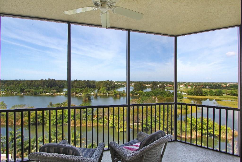 Just one floor beneath the penthouse levels, this 19th floor condo offers fabulous views over 300-acre Lakes Park, pretty sunsets and then a sea of twinkling lights at night. This 3BR/2Bath is in perfect move-in condition with very neutral colors, beautiful cabinetry throughout, hard surface counters, tile & carpet floors. Lakes Park is a wonderful backyard with walking/biking trails accessed by Riva's private gate, bird rookery & activities for grandchildren. Upscale Riva has a large heated pool, twin Jacuzzi spas & lots of relaxing space. There is a well-equipped fitness center, elegant lobby, club room where the weekly socials take place, media lounge, canoe/kayak launch & storage, Har-Tru tennis court & Internet/cable included. Two parking spots & storage in the under-bldg garage. One of the best features is its heart of so. Ft. Myers location close to the beaches, airport, shopping and restaurants and offering easy access to Bonita/Estero/Naples. Plus, 1-2 smaller pets are welcome here too. Riva is ideal for a winter vacation home or year-around residence as the security is excellent, condo is well-managed and funded, and the residents friendly. Vacant; easy to view--come see!