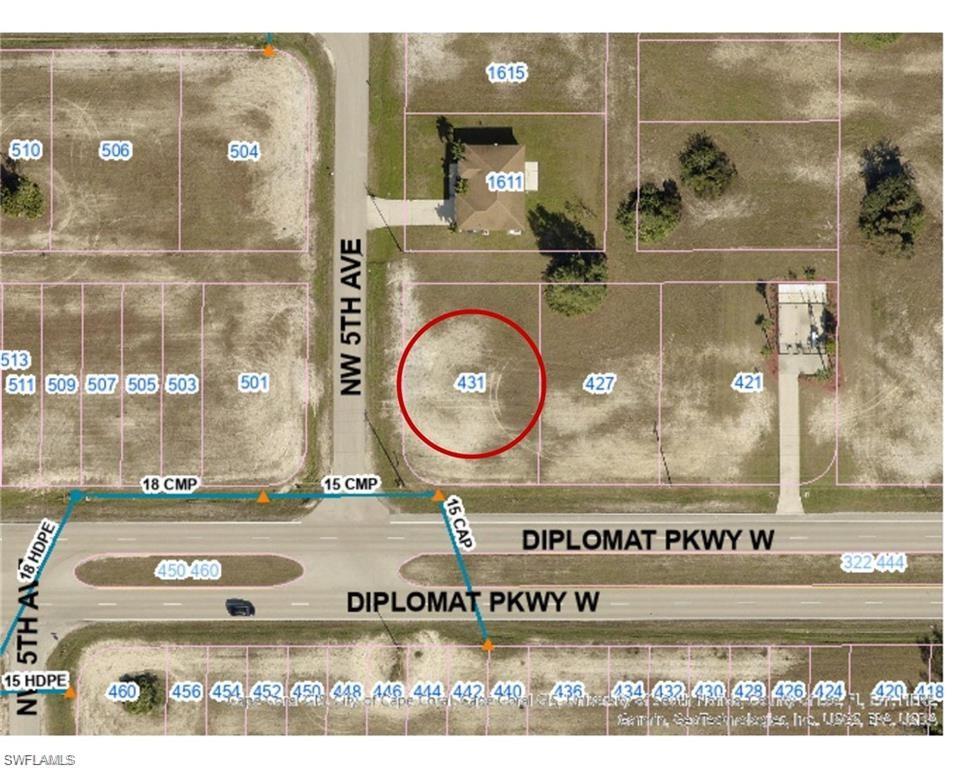 Corner lot on Diplomat Pkwy -- zoned commercial with future land use commercial/professional ---with so much projected growth in the NW Cape area this is a great opportunity to invest now for future or build your dream business.