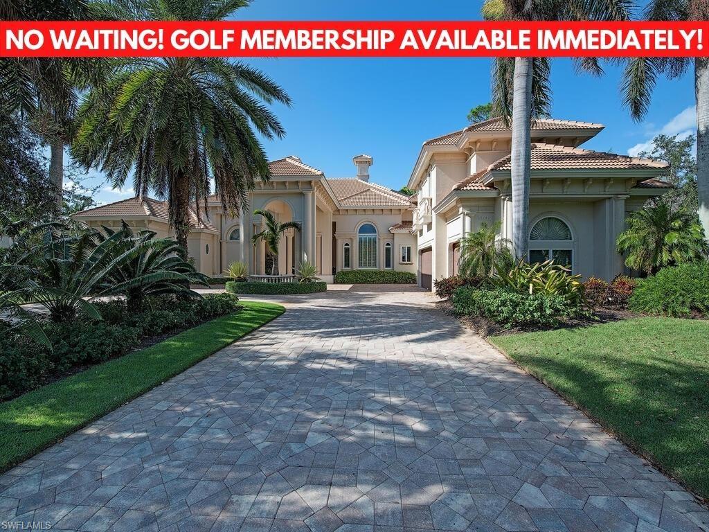 NO WAITING GOLF MEMBERSHIP SLOT AVAILABLE IMMEDIATELY!! An opulent porte-cochere welcomes you to the four-car motor court of this exquisite estate. Travertine floors flow throughout the main living areas, highlighted by coffer & tray ceilings, lighted niches & delicate crown molding. Abundant upgrades include a water filtration system, sound system, Lutron lights & climate controlled wine room. Soaring ceilings, majestic columns, gas fireplace & disappearing sliders punctuate the formal living room. The expansive kitchen boasts quartzite countertops, Subzero & Wolf appliances, two dishwashers, six-burner gas stove, pot filler & center island with sink. The comfortable family room features disappearing sliders overlooking tropical views. The home office offers handsome wood built-ins & wood floors. The master retreat features a sitting area, stacking sliders & stunning spa-inspired master bath with dual vanities, walk-in closets, jetted tub & walk-in shower. Ascend the staircase to two ensuite bedrooms, exercise room, rec room with wet bar, home theater & veranda. The screened lanai surrounds the lagoon pool with sun shelf & elevated spa. The summer kitchen features teak cabinetry, two sinks & an expansive bar. ROOF TWO YEARS OLD.