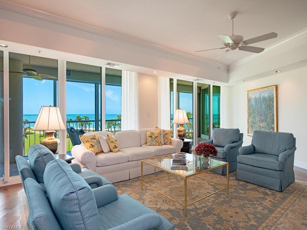 Experience the true luxury of a beachfront lifestyle from this 4th floor residence in the highly sought after and prestigious Le Ciel Park Tower. This 3-bedroom, 3-bathroom condo offers 3,000 sf of living space with expansive, picturesque views of the Gulf of Mexico and Venetian Bay. Floor-to-ceiling windows create an abundance of natural light in the living area flowing seamlessly to the west facing balcony where you can take in gulf breezes and gaze at beautiful sunsets. The well thought out floor plan boasts a grand kitchen & spacious master en-suite with walk in closets & luxurious master bathroom. Two guest en-suites have an east facing balcony to enjoy the morning sunrise or the twinkling city lights at nighttime. Additional features include hurricane protection throughout & two deeded 2nd floor secure parking spaces. Le Ciel Park Tower is a premier beachfront building that offers high end amenities including a pool and spa, grill area, exercise room, on site management, and 24-hour security. Residents have access to the Park Shore beach promenade and are just steps away from Venetian Village. Boat slips are available for lease or purchase at the Venetian Bay Yacht Club.