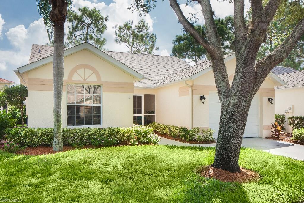 Peace and tranquility are two ways to describe the feeling as you sit on your large private tiled lanai. This adorable single family home is perfect for seasonal or full time residents to enjoy the carefree Florida lifestyle in this desirable Fairway Dunes neighborhood complete with clubhouse, oversized community pool and tennis. Some of the features that enhance this spacious two bedroom, two bath home are the tile and wood floors, a generous one car garage, tropical landscape view and neutral décor that is easy to personalize. Its very clean and well maintained with low association dues   ...   a charming must see.