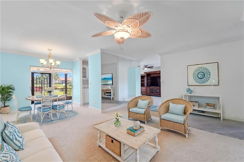 Welcome to effortless Florida living in this beautifully updated 2-bedroom, 2-bath condo located in the highly sought-after Club at Crystal Lake. Offering the perfect blend of style, comfort, and functionality, this move-in-ready residence showcases numerous upgrades throughout, including custom wood trim, upgraded doors, baseboards, door casings, and crown molding completed approximately four years ago. The remodeled kitchen features elegant quartz countertops, updated cabinetry, modern fixtures, and abundant storage, seamlessly connecting to the bright and inviting living and dining areas. The spacious primary suite serves as a private retreat with beautiful marble flooring and a tastefully renovated bathroom featuring a unique step-down shower, luxurious rain shower head, handheld fixture, custom shelving, vessel sink, and upgraded finishes. The guest bedroom includes custom closet shelving, while the guest bathroom has also been thoughtfully updated with stylish fixtures and modern touches. Plantation shutters throughout the home provide timeless elegance, privacy, and light control, while storm shutters offer additional peace of mind. Enjoy Florida’s indoor-outdoor lifestyle from the fully tiled screened lanai, complete with built-in cabinetry and shelving for extra storage, plus a tiled front entry that enhances the home's appeal. Additional highlights include updated front and rear metal framework completed approximately three years ago, an updated A/C system, a covered carport, and a private storage unit. Located in a building that has remained high and dry through recent hurricanes, this home offers confidence and security in addition to its exceptional features. Residents of The Club at Crystal Lake enjoy access to a sparkling community pool, clubhouse, and lighted pickleball and tennis courts, all while being conveniently located near shopping, dining, healthcare, golf courses, entertainment, Fort Myers Beach, Sanibel Island, and walking distance to the back entrance of Lakes Park! Whether you're searching for a seasonal getaway or a year-round residence, this meticulously maintained condo delivers the low-maintenance lifestyle, quality upgrades, and prime location you've been waiting for.