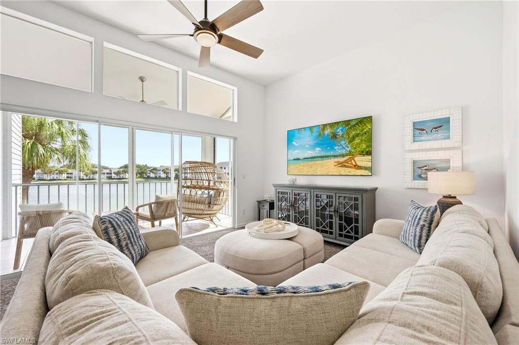 RARELY AVAILABLE • GORGEOUS LAKEFRONT • GARAGE. 

It’s not often that a condo like this becomes available in the sought-after Lakeside community. This beautifully remodeled 3-bedroom, 2-bath home offers incredible, serene views of the community’s 40-acre lake right from your own living room. From the moment you step inside from your attached garage or the front door, the spacious living area is filled with natural light thanks to large windows and sliding glass doors that open wide to the water. The open floor plan flows beautifully from the living room to the dining area and kitchen, creating a perfect space for having friends over or enjoying a quiet evening at home. Everything has been thoughtfully updated. The condo has been freshly painted throughout and features stainless steel appliances and a breakfast bar in the kitchen. You’ll love the high, vaulted ceilings, updated lighting and fans, and the convenience of electric shutters. Even the mounted TVs are included, and the rest of the furniture is negotiable. Life in the gated Lakeside community is all about enjoying the outdoors. A 1.5-mile walking path meanders through lush, award-winning landscaping with two lighted fountains on the lake. You can fish, or take your canoe or kayak out on the water—there’s even boat storage available! The amenities are fantastic, with two swimming pools, a spa, five clay tennis courts, and courts for pickleball, shuffleboard, bocce, and basketball. The two-story Old Florida-style clubhouse is a great place to gather, complete with a sauna, weight room, library, and game rooms. Located in a prime North Naples spot, this condo offers a wonderful blend of a comfortable, luxurious home and a vibrant, active community. It’s a rare find and a perfect opportunity to start living the Lakeside lifestyle.