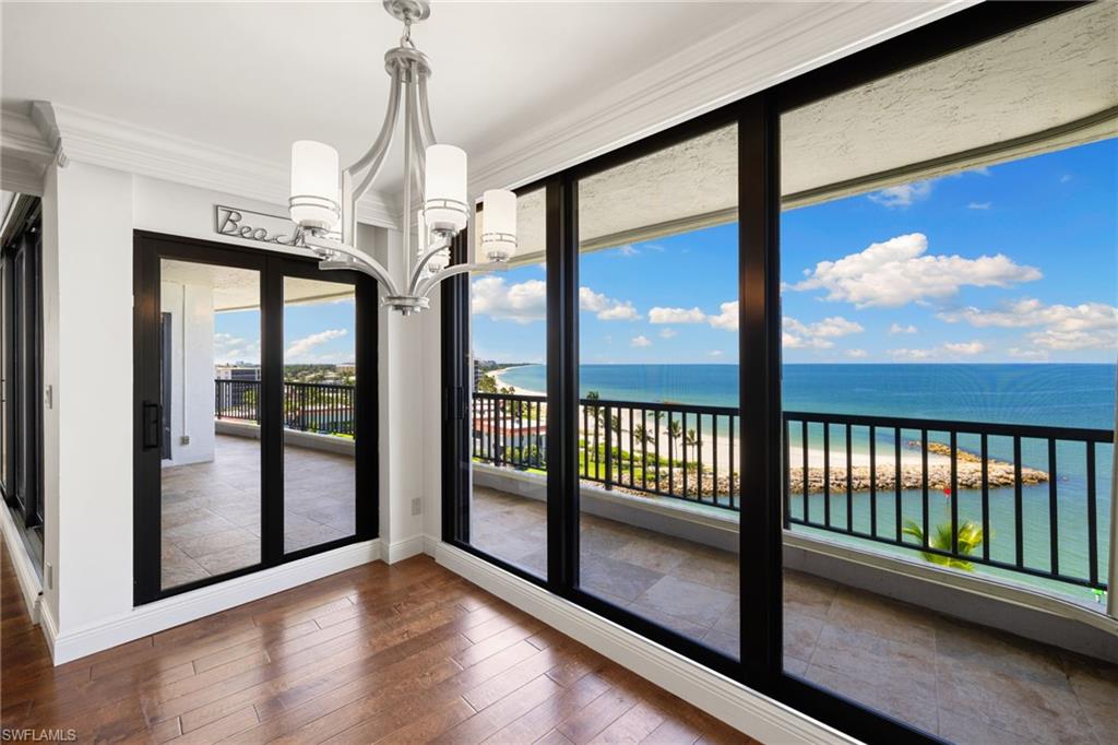 How’s that lead off picture for a spot to have your morning coffee or tea to start your day! VIEWS! Rare, sweeping, direct and full southern coastline views from all living areas and master suite, massive direct unobstructed Gulf views, long City views up Gulfshore Boulevard, direct views of Doctor’s Pass plus views to Moorings Bay from guest bedrooms and den. This residence is a beach-to-bay design so you have southern, western, eastern and northern views and exposures. SIZE! Nearly 3,000 square feet of air-conditioned living space (was originally a 4 bedroom and can very easily be that again). LOCATION! At the end of the cul-de-sac with gated entry situated on nearly 10 acres of lushly manicured grounds with 2 pools, one renovated clubhouse area, and in recent years newly constructed grand clubhouse with fantastic workout facilities, boat docks and kayak storage / launch (subject to availability) … magnificent. Impact glass throughout for all windows and sliders plus extra storm protection from shutters on lanai and balcony areas. This type of residence is for all these reasons and more, authentically so very special, cannot be reproduced along Gulf Shore Boulevard, and offers tremendous value especially compared to the new construction residence costs along Gulf Shore Boulevard. Gorgeous beachfront. So close to any and all the day-to-day conveniences and amenities you may need or want. This type of incredible setting is simply stunning particularly in a building that is so architecturally distinct in all the best ways. Come take a look and have a visit (it’s even better in person) … you may find your Naples beachfront residence awaits!