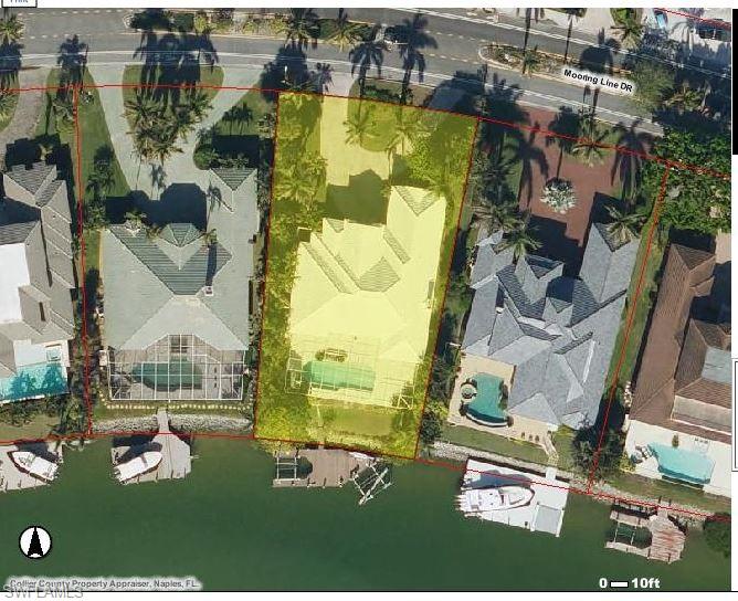 Experience the pinnacle of waterfront living at 300 Mooring Line Dr, a premier property in Naples’ coveted Moorings neighborhood. This exceptional estate sprawls across an expansive 18,850-square-foot lot, with 191 feet of depth, 91 feet street side, and 88 feet of prime waterfront—offering unmatched space and versatility. Ample room for a circular drive, lush landscaping, or a luxurious pool makes this a rare find, while the waterfront accommodates space for two boats, perfect for avid boaters. The current owners enhanced this gem with a 13,000-lb boat lift, effortlessly housing a 9'6" x 30' vessel, and added a deck extension along the rip-rap bank, creating an ideal spot to relax or entertain by the water’s edge.
Bask in the brilliance of coveted southern exposure, where sunlight floods the property throughout the day, casting a warm, inviting glow over every inch of this retreat. The sweeping water views along the 88-foot frontage elevate the experience, blending serenity with the intrinsic value of Naples’ coastal lifestyle—a feature that sets this home apart.  Just minutes from the Gulf of America’s pristine beaches and premier boating hubs, 300 Mooring Line Dr offers both convenience and tranquility. This isn’t just a property—it’s a lifestyle defined by an oversized lot, optimal southern light, and exceptional waterfront amenities. Seize the chance to make this boater’s paradise your own.