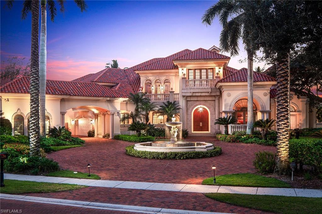 Enjoy spectacular sunsets over scenic water and golf course views from this classically designed estate built by BCB Homes. This gracious home offers over 7,500 square feet of flexible living space including a luxurious ground level master, open gourmet kitchen and light-filled family room with a seamless transition to the expansive outdoor living space and summer kitchen. Additional entertaining areas feature a state-of-the-art theater, billiards/game room, a living room with elegant gas fireplace, a dining room that overlooks a lovely fountain. A handsome custom office with a view of the 17th green is the perfect work retreat. Pamper your guests with three guest suites including a detached poolside guest cabana. The luxurious Bay Colony lifestyle awaits with owner access to the exclusive Bay Colony Beach Club and tennis facility and optional membership to Bay Colony Golf Club.