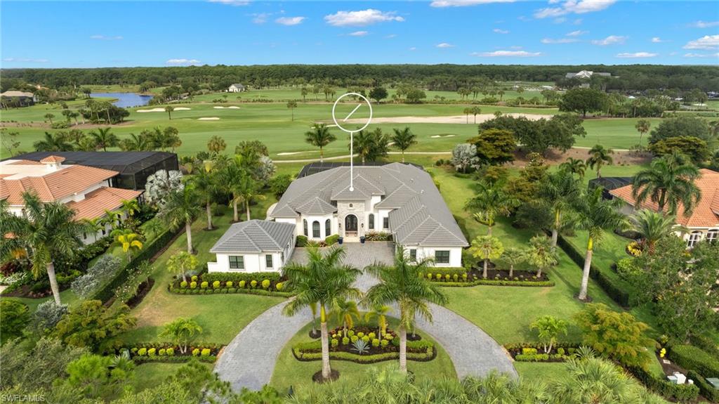 Welcome to 11681 Bald Eagle Way, a stunning custom-built home by Arthur Rutenberg, located on a private street overlooking the 9th fairway of the prestigious Talon Golf Course. This elegant residence sits on a spacious 1-acre lot, offering privacy and breathtaking views. As you approach the  property you are met with a large circular driveway, providing a grand entrance and ample parking space for residents and guests alike. Boasting 5 bedrooms and 6 baths, including 4 full ensuites, this home exudes luxury and sophistication. As you step inside through the double iron door entry, you'll be greeted by a grand interior featuring vaulted coffered ceilings, creating an ambiance of modern elegance. The kitchen is a chef's dream, equipped with Thermador appliances, a gas 6-burner stove, a large island, expanded cabinets with under cabinet lighting, and a wine/beverage cooler. The butler's pantry adds a touch of convenience and functionality to the space. Whether you're hosting a dinner party or enjoying a cozy meal with loved ones, this kitchen is sure to impress. Relax at the end of the day in your serene master suite with dual vanities, a soaking tub, separate shower and his/her closets. The outdoor area is a true oasis, featuring a saltwater pool with electric and gas heat, a spa, water bowl features, a fountain, and a sun shelf. The large outdoor kitchen equipped with a gas grill and bar is perfect for entertaining, while the wood ceilings in the outdoor living space add a touch of warmth and sophistication. Automatic roll-down shade/storm screens provide both comfort and convenience. In addition to its impressive features, this home includes an attached Casita with a private courtyard, adds a layer of versatility to the home, catering to a range of lifestyle requirements. This home is situated on an oversized lot with desirable western exposure, allowing you to enjoy beautiful sunsets and ample natural light. Twin Eagles is one of the finest communities in SWFL, experience 1,115 acres of natural tranquility, 2 Championship Golf Courses- Talon course designed by the Nicklaus Group and The Eagle Course designed by Steve Smyers. New Clubhouse, bocce Courts, Himalayan putting green, Fitness Center, Tennis, Pickleball, resort pool and tiki bar. Immediate FULL GOLF Membership available!