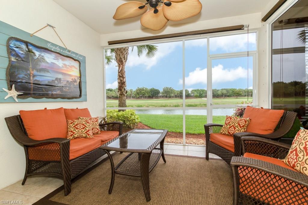 Fabulous carriage home with incredible LAKE and GOLF views, Western exposure, and located at the end of the cul-de-sac. This Heron-model home has been beautifully decorated, has tile in the main areas and lanai, a warm and inviting living area and spectacular views from the Living Room, Kitchen and Master Bedroom. Enjoy sensational sunsets each evening while relaxing outdoors.  Upgraded paint, a newer washer and hot water heater, one car garage and the home is being offered partially furnished. Who wouldn't want to wake up each day to this amazing view?  Ready to move into, this home offers you a place to relax and enjoy everything the FL lifestyle has to offer.  Mill Run in wonderful Colonial Country Club has a community pool and then there is the main Clubhouse, pool, 8 Har-Tru tennis courts, pickle ball. Bocce ball, Fitness Center, Restaurant, 18 hole Championship golf, nature trails and preserve and so much more.