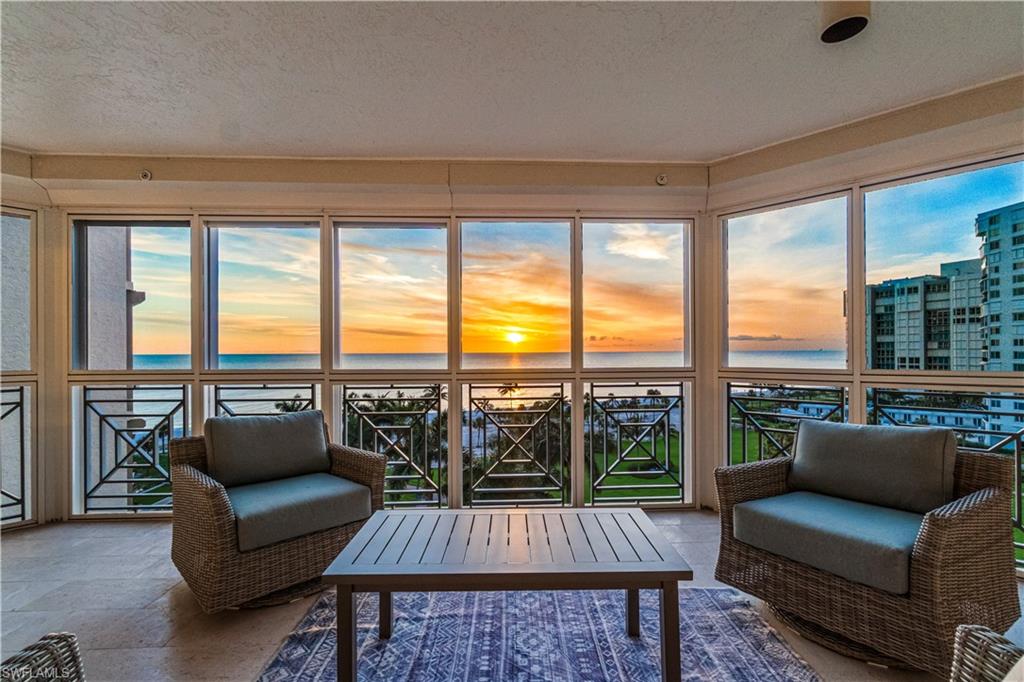 Indulge in a luxurious beachfront lifestyle in this exquisitely updated 7th-floor residence at The Brittany at Park Shore, a true expression of elevated and modern coastal living. Ideally positioned in the coveted '02 stack, this sophisticated retreat captures sweeping western views of the Gulf, serene bay vistas, and the dazzling city skyline by night, all framed by dual covered balconies and a light-filled interior. Featuring three en-suite bedrooms plus a den, three bathrooms, over 2,500 square feet of refined living space, the thoughtfully designed layout blends comfort with elegance. The gourmet kitchen is appointed with a top-tier Thermador appliance package, custom cabinetry and countertops, offers generous storage, and flows seamlessly into the open living and dining areas adjacent to the west-facing lanai, ideal for effortless entertaining. A separate den/home office also enjoys stunning westward views, providing an inspiring workspace. The primary suite is a tranquil sanctuary featuring dual walk-in closets, dual sinks, a walk-in shower with multiple shower heads, and a soaking tub with peaceful vistas. Additional features include wide plank wood flooring, electric storm shutters, extra storage, and two secured covered parking spaces. A rarely available, remodeled poolside cabana can also be purchased separately, if desired. Residents of The Brittany enjoy an array of world-class amenities, including a resort-style beachfront pool and spa, fitness center, tennis courts, private beach access, elegant guest suites, and a social/card room all supported by 24-hour security. Located just steps from Venetian Village’s upscale dining and boutiques, and minutes from Waterside Shops, Artis–Naples, Mercato, and the iconic charm of 5th Avenue South.  A rare opportunity to experience Naples' coastal lifestyle at its finest.