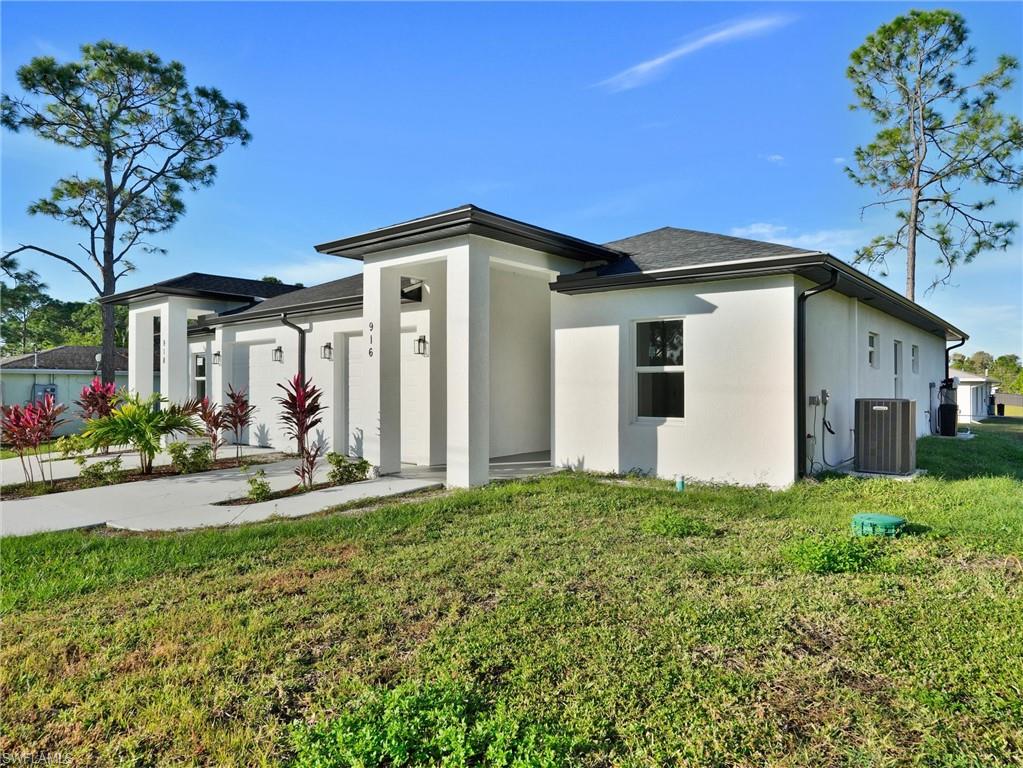 Brand new 2025 construction duplex unit offering 3 bedrooms, 2 bathrooms, and approximately 1,198 sq ft of modern living space. Features an open-concept layout with high ceilings, sleek white kitchen with large island, quartz countertops, stainless steel appliances, recessed lighting, and tile flooring throughout. Washer and dryer included. Sliding glass doors fill the space with natural light. Located in Southeast Lehigh Acres with easy access to shopping, dining, and major roads. Tenant pays utilities.