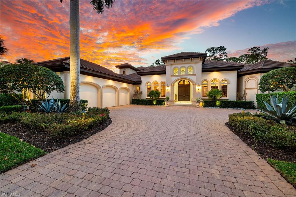 Immediate Golf Membership Available! Situated on the 10th fairway of Mediterra's North course, imagine waking up every morning to sweeping views of the water and golf course. This spacious home boasts an open design with pocketing sliders, creating a seamless connection to the expansive outdoor living spaces. Outside is where you will be whether grilling out at the outdoor kitchen, taking a dip in the rock-adorned pool or spa, or enjoying the unparalleled sunsets at the built-in fire pit. One of the standout features of this home is its flexible layout. Along with the 3 bedrooms, there's also a spacious family room that is perfect for a sports gathering or can easily be converted into an oversized guest suite if you are in need of a fourth bedroom (virtual photos shown). Details include a coffered ceiling, stone floors throughout, an electric fireplace and more. Enjoy peace of mind with this home's 2020 roof, impact windows and doors, a whole house generator as well as an air-conditioned garage.  Located in the award-winning community of Mediterra featuring two Tom Fazio championship golf courses, pickleball, tennis, state-of-the-art fitness and a private beach club.  Enjoy your toes in the sand and golden sunsets at Mediterra's fully renovated private Beach Club, situated along the Gulf! Imagine arriving to have your car valet parked and and lounge chairs and umbrellas waiting for your arrival or set up upon your request. With 10,000 square feet of space, the upper level offers indoor and al fresco dining, a full bar, swimming pool along with lockers and dressing areas for changing. Spend the day and enjoy dinner while watching the sun set in the distance.