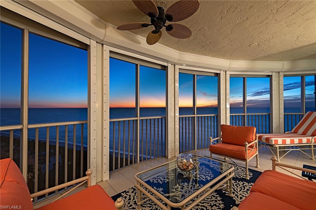 Perched majestically on the 19th floor of the Contessa, this lovely Bay Colony residence overlooks the Naples coastline, completely unobstructed, as far as the eye can see. Beautifully finished and pristinely maintained, this beachfront end-unit residence features over 3,000 square feet of luxurious living, 3 bedrooms, 3 full and 1 half bathrooms, a dedicated den/office, plantation shutters, new kitchen appliances (September 2018), new carpet (summer 2018), two prime parking spaces in the secured under-building parking garage and an air-conditioned storage unit. This home has been cared for beautifully and ready for someone to move right in. The building, newly updated, offers a social room, fitness room, pool/spa, 24-hour manned front desk and 2 guest suites.