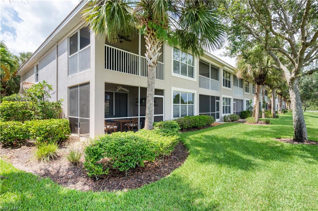 Welcome to this highly sought-after first-floor end-unit Jasmine model, offering exceptional comfort, privacy, and beautiful water views. Meticulously maintained, this home features a A/C system (2017), water heater, refrigerator, and carpeting in the bedrooms and den. The main living areas showcase neutral tile flooring and painted walls, creating a bright, inviting atmosphere. Relax on the screened lanai while enjoying serene waterfront views, all within close proximity to the community pool and grilling area. Located in the prestigious gated community of Colonial Country Club, residents enjoy an array of resort-style amenities, including a recently renovated clubhouse with both formal and casual dining, a state-of-the-art fitness center, pickleball and tennis courts, bocce, and an optional championship golf course. Conveniently situated near Southwest Florida International Airport, as well as the Boston Red Sox and Minnesota Twins spring training facilities, this home offers the perfect blend of luxury, convenience, and the Florida lifestyle you've been looking for.