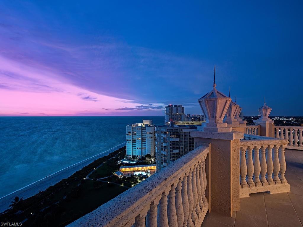 A true Penthouse estate in prestigious Park Shore that hasn't been available for over 15 years. The keyed elevator opens to a gracious foyer leading to the Grand Salon which affords absolutely breathtaking vistas. Ten-foot ceilings, 2 wood burning fireplaces, large wrap around terraces, and private roof-top sun deck highlight the special nature of this residence. Large master suite with adjacent study is flooded with natural light from the expansive wall of glass; unobstructed Gulf views. Each of the en-suite bedrooms offers captivating panoramas. Large exercise room is complete with sauna. Pool-side Cabana is included as well as 3 parking spaces & double sized a/c storage. A rare opportunity to reside in the heavens.