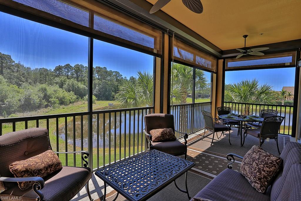 Looking for lots of space and a quiet serene area with the security of a gated community? This is your new home! From the 2nd floor lanai you overlook preserve and lake without any other condos in view so you'll have total privacy and quiet without sacrificing your view. Inside you'll find a well kept, hardly used condo that is like new and is being offered with furnishings negotiable. There are granite countertops, stainless steel appliances, tile throughout the living area, Plantation Shutters on all the windows & updated ceiling fans and light fixtures. Now back to the space you are looking for; there are 3 bedrooms plus a den, 2 and 1/2 baths, a large spacious great room opening out to the roomy screened lanai with mesh hurricane shutters. The master bedroom gives you 2 walk-in closets and the bathroom has dual vanities with separate tub and shower and linen closet. In the laundry room you have extra cabinets for storage and laundry sink tucked away at the other end of the condo away from your main living area. If you need more storage space there is an attached 2 car garage with garage door opener. Full non-recallable Golf Membership is available for purchase with this home.