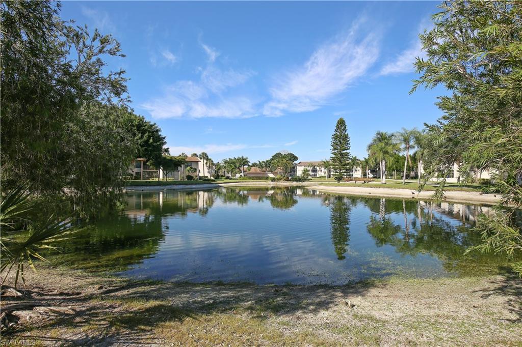 Beautiful pond view with a stunning water feature fountain just a few yards from your lanai. This well maintained 2 BR 2 BA condo is just right for those looking for a ground floor unit just a short distance from the community pool. Lots of cabinets, storage motorized hurricane shutters and excellent furnishings complete this wonderful unit. Laminate flooring in the living and bedroom areas and tile in the baths make this a great livable unit for SWFL.