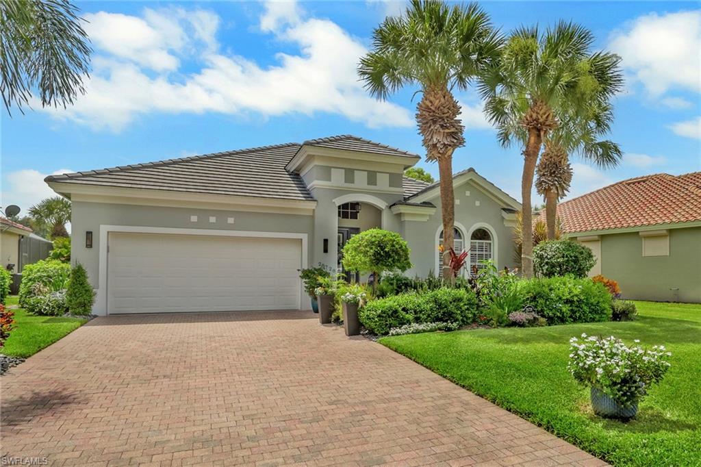 NEW TO THE MARKET - OPEN HOUSE SUNDAY, JULY 19, 12:00 - 2:00pm. This beautifully updated home showcases tray ceilings, plantation shutters, and luxury vinyl tile flooring that enhances its modern, tasteful feel. The interior features two updated bathrooms, all new state-of-the-art ceiling fans, fresh paint, upgraded door hardware, and refined crown and base molding. A custom entertainment wall highlights a built-in 75" television, fireplace, and sound bar. The renovated kitchen offers quartz countertops, a dining area with breakfast bar, stainless steel appliances, recessed lighting, and exceptional storage with custom pull-out drawers and built ins. The primary entrance has a coat closet and a front retractable screen door. Outdoors, the home impresses with a picture window screened lanai, new pavers, upgraded landscaping and outdoor lighting, and a multi-color LED-lit pool. Peace of mind comes from the newer 2023 roof, as well as well as the remote hurricane impact Kevlar shutters on both the lanai and front door. Sited on the Osprey Course 7th hole, the Western exposure provides stunning sunsets views. The garage features an epoxy floor and dedicated air conditioning for added comfort and functionality. EXCLUDES the guest bathroom mirror. Palmira Golf & Country Club is a much-desired community offering abundant amenities to suit an active, social lifestyle. It’s convenient to nearby shopping, entertainment, restaurants, beach access & SWFL Airport. All residents are members of the newly-renovated Renaissance Center Club, complete with a lagoon-style and olympic-style lap pool, spa, restaurant, patio grille, 5450 sf fitness & wellness center, 8 tennis courts, 4 pickle ball courts, 4 bocci courts and more! Palmira Country Club Golf Members enjoy a 41,000-square-foot clubhouse, dining room, grille room, outdoor fire pit, pro shop, billiards, tennis, and a 2021 renovated Gordon Lewis designed 27-hole golf course.