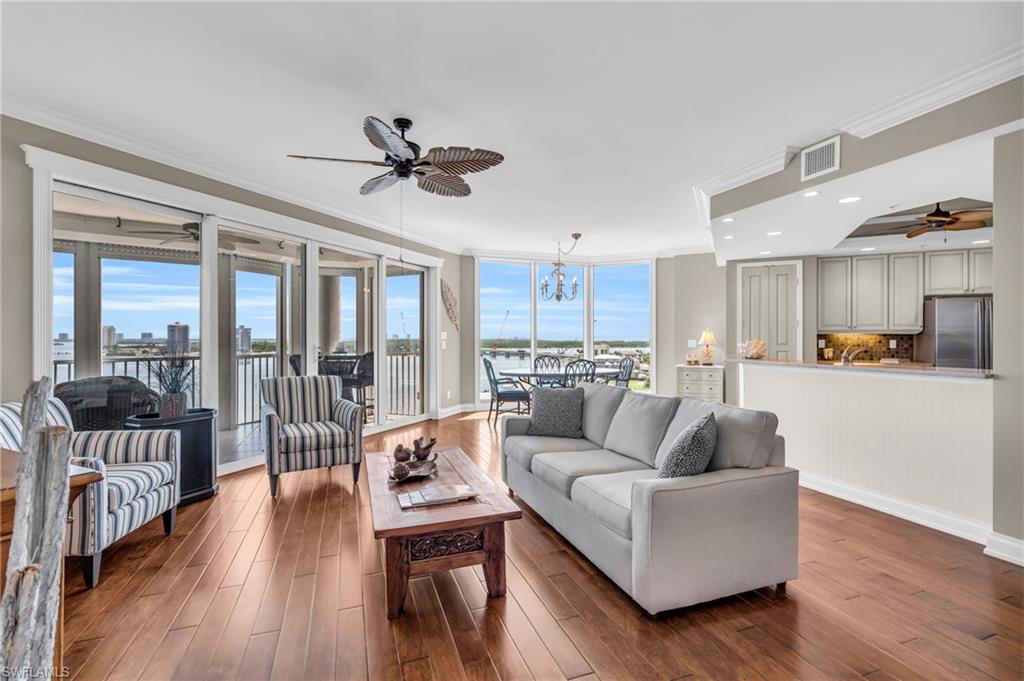 Welcome to Waterside, one of Southwest Florida’s most desirable gated condominium communities, perfectly positioned at the southern tip of Estero Island. This spacious 3-bedroom, 3-bath residence with a den offers over 2,100 square feet of beautifully appointed living space, turnkey furnishings, and sweeping bayfront views that capture the very best of coastal living.

From the moment you enter, walls of windows draw your attention to the water, framing breathtaking views of Estero Bay, Lovers Key, Bonita Springs, and the Gulf beyond. Whether you are watching dolphins and manatees pass by, enjoying the coastal birdlife, or simply taking in the peaceful beauty of the bay, this residence offers a private front-row seat to the natural surroundings that make Fort Myers Beach so special.

Inside, the condo blends comfort and elegance with crown molding, plantation shutters, beadboard accents, and rich diagonal wood flooring. The kitchen features granite countertops, updated fixtures, and generous space for entertaining, while the open living and dining areas create an inviting setting for both everyday living and hosting guests. Offered turnkey furnished with high-quality pieces, this residence is ready to enjoy from day one.

Additional peace of mind comes with a newly installed 2024 A/C system featuring a variable-speed blower, providing modern efficiency and comfort.

Waterside is known for its exceptional lifestyle amenities, including deeded beach access, a fitness center, sauna, tennis and pickleball courts, bocce, walking trails, a community social room, two rentable guest suites, and air-conditioned private storage for all your beach and boating essentials.

The location offers the perfect balance of privacy and convenience. Just minutes from Santini Plaza’s shops and restaurants, and a short drive to the dining, boutique shopping, art galleries, and nightlife of Naples and Bonita Springs, Waterside places you close to everything while still feeling tucked away in a serene bayfront setting. Easy access to Southwest Florida International Airport adds convenience for seasonal residents and frequent travelers.

With expansive water views, turnkey comfort, beach access, resort-style amenities, and one of the most convenient south-end locations on Fort Myers Beach, this Waterside residence offers more than a home — it offers a complete coastal lifestyle.