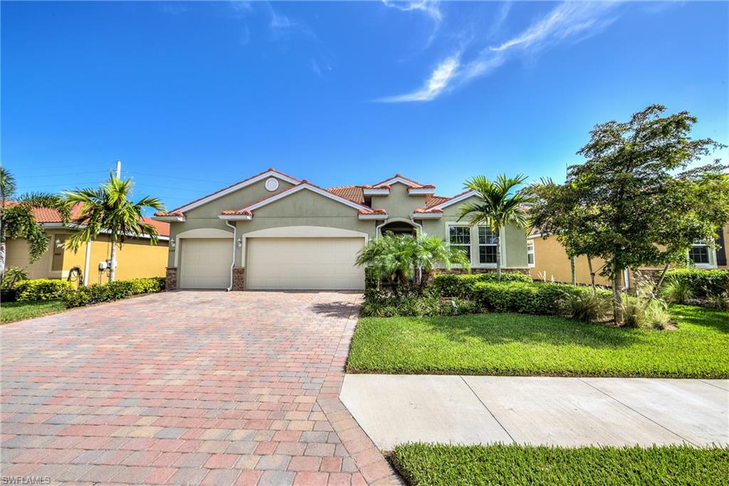 Come See this beautifully appointed, like new, luxury Destin model home by D.R. Horton in one of Cape Corals best new communities. Meticulously maintained, this gorgeous residence boasts an open floor plan w/ over 2300 sq. ft. of living space. Featuring 4 bedrooms and 3 full baths w/ a 3-car garage, this home is ready for you to enjoy! Inviting, bright cooks kitchen with a breakfast nook, granite counters, breakfast bar, and stainless appliances. Master suite boasts a large closet, and ample windows allowing the natural light to beam through, while the master bath offers dual vanities, separate soaking tub and shower enclosure. The 3 spacious guest rooms offer ample space for a family and the two additional guest baths both feature tub and shower combos. Relax out back on your own private screened lanai surrounded by tropical landscaping and enjoy the peace and quiet of Sunset Pointe.  Sunset Pointe is a gated community of just 58 luxury homes surrounding a beautiful lake and fountain.  Located at the south western tip of Cape Coral, minutes to the areas best shopping and dining. Easy access to Ft. Myers and the beaches. Don't miss this opportunity! Schedule your showing today.