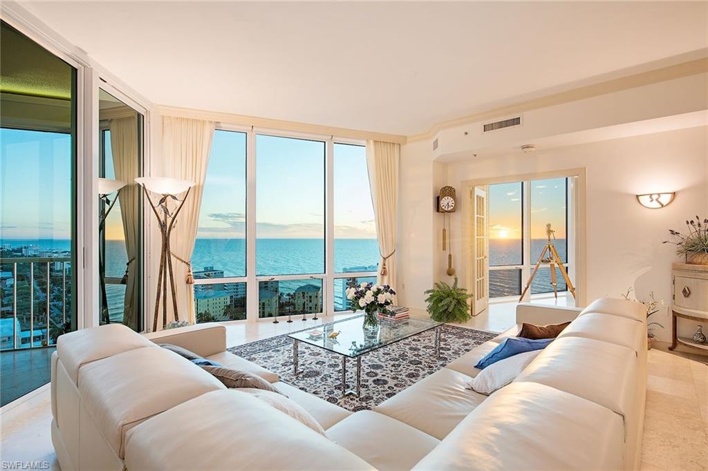 Rarely available and highly sought-after beachfront penthouse with a private roof terrace. Offering magnificent sunsets, beautiful sunrises, sweeping, unobstructed 270-degree views of the shimmering Gulf of Mexico, Venetian Bay and city views from floor-to-ceiling glass windows. A well-maintained home with three bedrooms, four baths (master suite with dual bath), a three-car garage and an expansive rooftop deck comprised of a built-in grill, eating area and a heated spa, located in one of the more desirable buildings in Park Shore. Le Ciel Venetian Tower is a recently renovated beachfront building with excellent amenities, gated entry, 24-hour security, resident manager and guest suites. Venetian Village is within walking distance, and downtown Naples restaurants and shops are minutes away.
