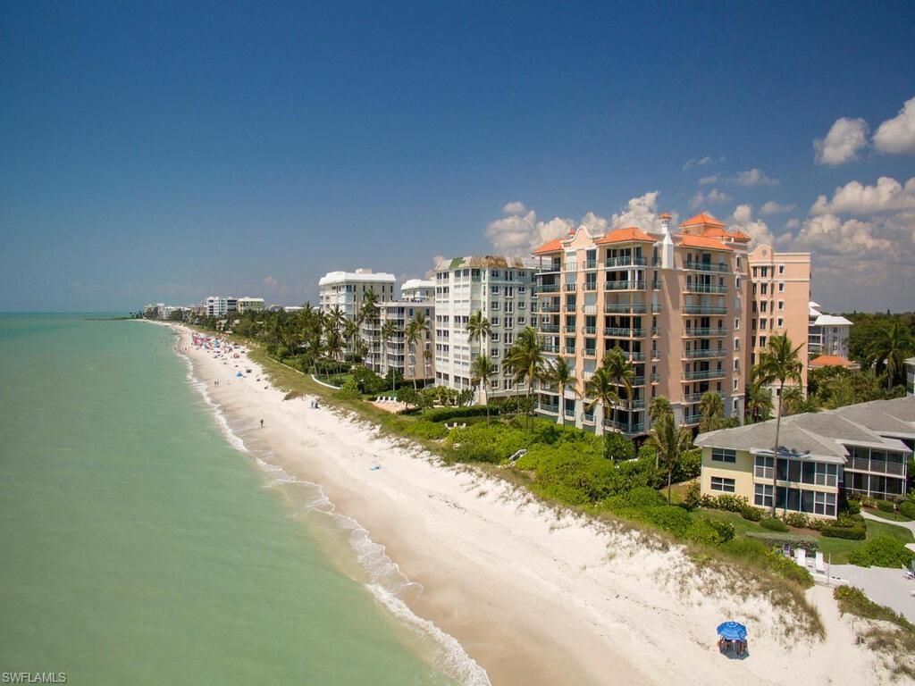 Via Delfino is a luxurious beachfront condominium boasting over 3700 square feet under air and all on one floor. Port Royal quality finishes adorn every room and include Jerusalem stone floors, rich ceiling treatments, custom cabinetry, top of the line appliances, bespoke hardware, rare stone countertops, customized his and her master closet, impact window, as well as a finely finished media room. The location is unrivaled being the first mid-rise condominium north of Old Naples and all of the amenities it has to offer; Cambier Park and the Norris Tennis Center, Sugdon Theater, Von Liebig Art Center, activities, festivals, shops, galleries, bars and restaurants of 5th Avenue South and 3rd Street are only a short distance away. The new Four Seasons resort is next door and offers beachfront bar and dining as well as a Spa, Tennis, and Golf (memberships will be available). This is a very low-density building with only 24 residences and is unique in that it is dog friendly. Direct access to the white sand beaches and the Gulf of Mexico, a large private lap pool and sun deck, grill area, under building parking, and a secured entry. Whole building generator. New roof in July 2022.