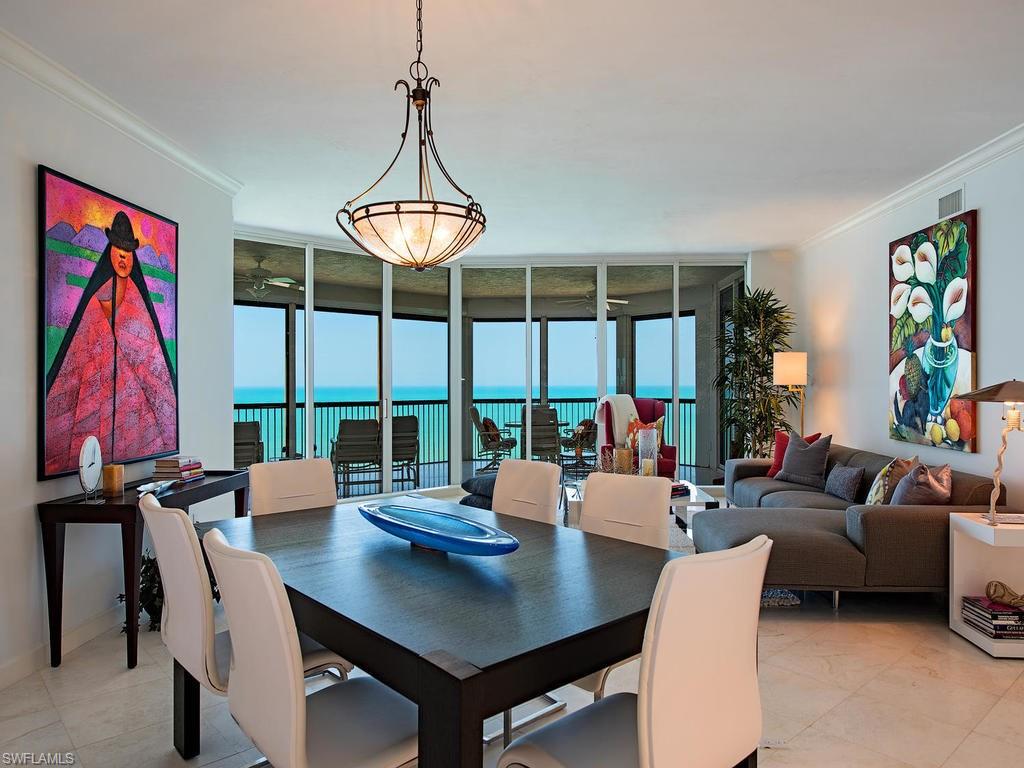 C.13753 - Your long-awaited for ownership opportunity for a coveted and rarely available high floor Biltmore “01” residence! Sleek transitionally inspired coastal décor sets the perfect backdrop to the soothing and envious forever Gulf Views, all in perfect synch with Biltmore Tower’s own total lobby floor fresh contemporary Re-Mastering. Don’t forget the exceptional World Class menu of included amenities via your Bay Colony and Pelican Bay Membership privileges: 2½ miles of pristine sugar white sand beach to call your own, 3 Gulf-Front Beach Clubs with casual open air or more formal indoor dining + attended beach services, 3 tennis centers, state-of-the-art fitness, life-long learning center, canoeing, kayaking, miles of walking, biking, and nature paths. Artis Naples Performing Arts Center, Waterside Shops and Mercato just moments away!