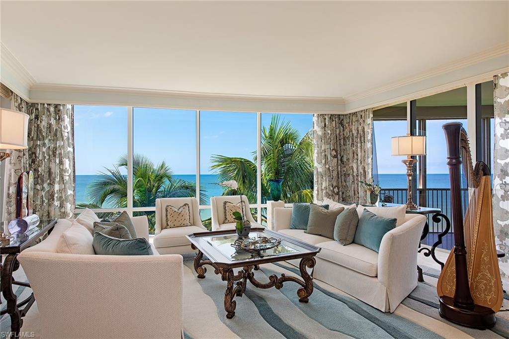 Enjoy the amazing Gulf of Mexico views from this idyllic beach house elevation! This rarely available south side offering is comprised of over 6,000 square feet of impeccably maintained living with four full bedroom suites, four-and-a-half baths, library, great room, formal dining area and family room. Building specifications include floor-to-ceiling walls of glass, ten-foot ceilings, eight-foot doors, gas cooking and a water detection system. Le Rivage offers the complete luxury lifestyle with unmatched amenities, including 24-hour front desk attendant, saline pool and spa, social room, top-notch fitness room, massage room, two Gulf-view guest suites, three parking spaces, as well as an air-conditioned storage locker and beach storage. The Village on Venetian Bay is a stroll away and has been heralded for its waterfront setting, wonderful dining and eclectic mix of specialty retailers. Park Shore residents may purchase or lease a boat dock located on Venetian Bay.