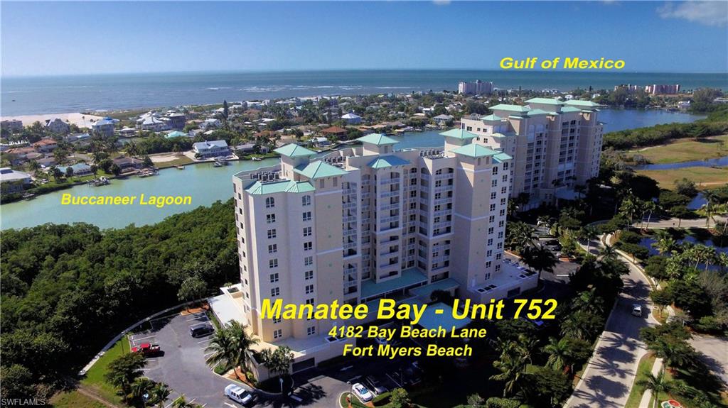 Beautiful 5th floor 3BR/2BA Manatee Bay unit w/Gulf & Buccaneer Lagoon water views. Large tiled & screened lanai. Impact resistant sliding doors & windows. Private elevator lobby entrance. Tiled flooring in main living areas & BRAND NEW Karastan carpet in bedrooms. Upscale furnishings. Custom dry bar (quartz top) w/dual zone beverage fridge.  KITCHEN UPDATES IN PROGRESS: quartz countertops w/premium 2 1/2" profile edge; tile backsplash; under-mount ss sink w/high arc faucet; new disposal.  Spacious owner's suite w/walk-in closet and en-suite bath w/dual vanities, jetted soaker tub & separate shower w/new full glass shower door. Guest bath updates (Dec. 2021): shower w/vertical glass tile accent & frameless doors.  Main living area and baths just painted.  Water heater new 2017.  A/C system new 2021.  Cabinets being installed in laundry room (April). Under building parking. Gated community w/24 hour staffing. Amenities: clay tennis courts, fitness center, saunas, resort style pool/spa, storage locker; deeded beach access (w/parking); fishing pier. Close to shopping, restaurants & marina. Gulf access deep water boat docks may be avail. in Waterside & within Bay Beach area.