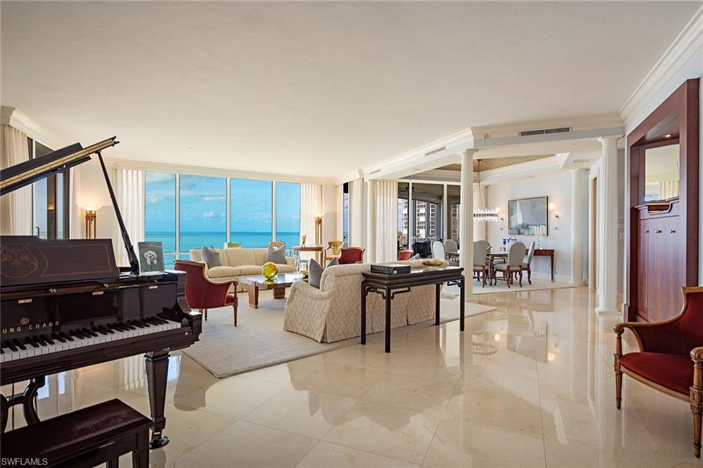 Enjoy Gulf of Mexico views to Sanibel and beyond from one of Naples sought-after buildings! This rare offering encompasses half of the seventh floor and is comprised of 6,131 square feet of living area with four full bedroom suites, 5.5 baths, library, great room, formal dining area and family room. Estate Seven North enjoys sunrise-to-sunset views and is situated over a park-like setting to the north. Specifications include floor-to-ceiling walls of glass, three lanais with newly installed glass railings, 10-foot ceilings, 8-foot doors, gas cooking and a water detection system. Le Rivage offers a complete luxury lifestyle with unmatched amenities, including 24-hour front desk attendant, saline pool and spa, stunning social room, top-notch fitness room, two gulf-view guest suites, three parking spaces, as well as air-conditioned and beach storage. The Village on Venetian Bay is nearby and offers wonderful dining and an eclectic mix of specialty retailers. Park Shore residents may purchase or lease a boat dock on Venetian Bay.