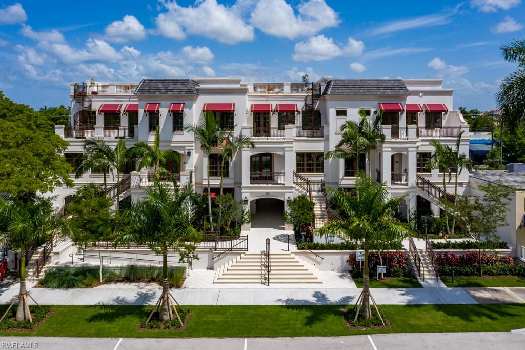 Newly finished once in a lifetime opportunity to own the finest and largest condominium offered for sale in Old Naples! Le Petite Trianon offers the highest of quality construction and finishes with over 4300 sq ft of luxury living in the true heart of downtown Naples. This unit features two private access points to the home in addition to the grand entry. A two car garage & private entry with a private elevator offer extra privacy and security. The exquisitely finished main level with living, dining, kitchen and great room offers more than ample space for living! The second level continues the offering tremendous natural light throughout, with three bedrooms, library & balcony opening to Crayton Cove below. Up the spiral staircase to your own private rooftop balcony with the option of adding a hot tub. From the rooftop balcony you are afforded amazing views of Naples Bay and beyond! Beautiful hardwood floors run throughout the two levels and marble flooring throughout the bathrooms. Sub Zero refrigerator and wine column, Wolf appliances and only the finest of finishes throughout this must see home! You are walking distance to everything that makes Naples the place to be!