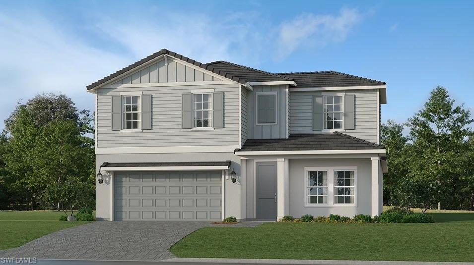 One or more photo(s) has been virtually staged, AI generated or rendered.  Hampton Lakes is a collection of new single-family homes for sale at the River Hall masterplan in Alva, FL. On the first floor of this new two-story home is a modern, open-concept main living area. It showcases a kitchen with a center island overlooking the welcoming family room and a sunlit dining area with access to the spacious covered porch. In a rear corner is the serene owner’s suite with a private bathroom and walk-in closet. Throughout the home are five bedrooms to provide restful retreats and a sprawling second-floor loft for additional entertainment space. Prices, dimensions and features may vary and are subject to change. Photos are for illustrative purposes only. Estimated delivery date is Aug/Sept 2026.