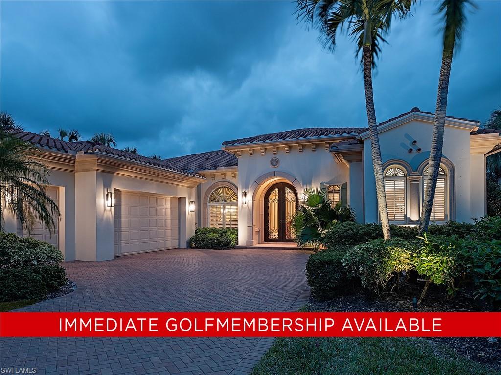 Welcome to Resort Style Living, Welcome to Grey Oaks! IMMEDIATE GOLF MEMBERSHIP available. From the moment you walk through the front door, the expansive golf and water views will captivate you. Situated on the 13th fareway of the Palm course.  This beautiful, one story home features a gourmet kitchen that opens into a large family room, just perfect for friends and family to gather. The butlers pantry has a second oven, wine refrigerator and additional cabinets. High ceilings and impeccable detail throughout, large windows and sliders make this home filled with natural light. Enjoy the recently renovated office with two built in work spaces and new floor. Walk out and enjoy the magnificent views from the large lanai which boasts a lovely pool and spa and outdoor kitchen. Exterior lighting throughout, just perfect for evenings spent by the pool. Additional features include impact resistant sliders, golf cart garage, whole house generator 2022, new roof and new driveway 2019. A 2021 Club Car golf cart is included with the sale of this fabulous home! Grey Oaks Country Club is Naples one and only private club with 54 holes of golf. In addition, the club offers exclusive amenities for all, from the newly renovated wellness center to the lagoon style pool, tennis, pickle ball, bocce, restaurants, spa... the amenities are endless.