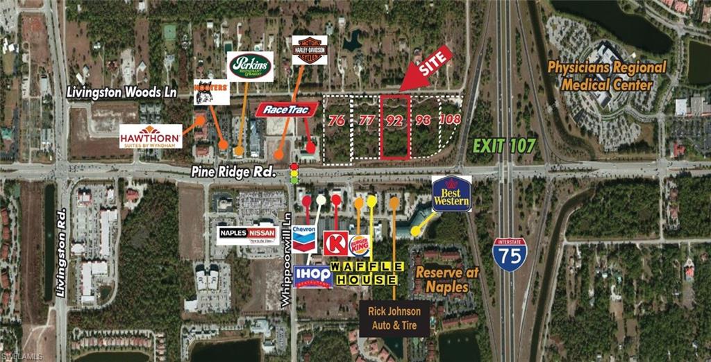 Tract 92, Interchange site 4.18 acres, located at east of the RaceTrac gas station, at Exit 107. Possible land assemblage between RaceTrac and I-75. This land assemblage, totaling 19+ acres, is one of the only 3 Interchange Activity Centers in Collier County, at the NW Corner of I-75 and Pine Ridge Road at Exit 107.  The Property currently zoned CPUD designation and since it is located in the Interchange Activity Center Sub-District #10 is eligible to apply for all permissible commercial uses of C1 to C5 as well as 26 rooms/acre hotel or 16 units/acre of residential Mixed-Use