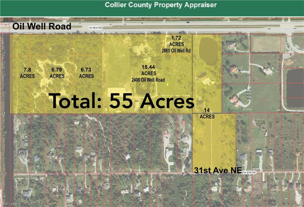 18.44 acre parcel available within 55-acres available! Great for a development project - so many possiblities to build on this 55 acre property! The land is currently zoned residential. 

This unique property includes 18 completely cleared acres, a large home, oversized workshop, horse barn, pastures, a fully stocked pond and more. The home offers 4-bedrooms, 3-bathrooms, all with high ceilings, a living room, and an open kitchen and family room area – perfect for entertaining. The home features beautiful oversized windows and sliding glass doors, giving you a beautiful view of the backyard and gorgeous sunsets. A new metal roof was installed in 2016 and matches the roof of the oversized warehouse.  

A well-appointed concrete block warehouse was built in 2004, it is 3,360 square feet (70 ft. x 48 ft). This custom-built building features 3 oversized garage doors, lighting, a bathroom, and windows. 
The property also included a 10-stall horse barn, at 2,640 square feet. There are over 10 separate roaming areas as well as an oversized pasture. There is also another smaller barn structure with a concrete floor that is 840 square feet.  

Bring your family/business and start making new memories! Investors/builders welcome – property offers a potential commercial opportunity as it is near the intersection of Everglades Blvd and Oil Well Road.
