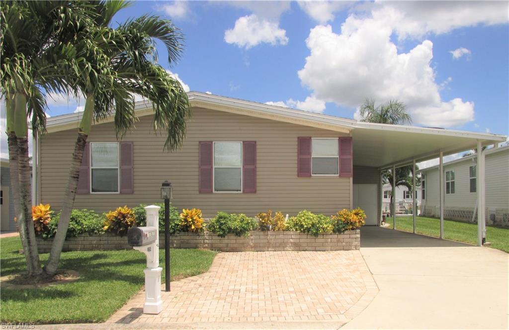 Newer 2 bedroom, 2 bath home located in Bayside Estates. This home is larger than most, and includes an east facing lanai at the rear of the home. The rooms in the updated home are all spacious. The kitchen, dining and living rooms are all one open concept area. The large indoor utility room has a desk area and also a utility sink. The shed is 12 by 18, and has double doors to store your golf cart or toys. Bayside is a 55 plus community located within walking, biking, and boating distance to Ft Myers Beach.  It is a very active community with tennis, bocce ball, pickleball, exercise room, a library, and classes and activities of all types. With 585 homes in Bayside, there are lots of people who share your interests. Buyers in Bayside Estates pay a one-time $1,900 capital contribution fee.