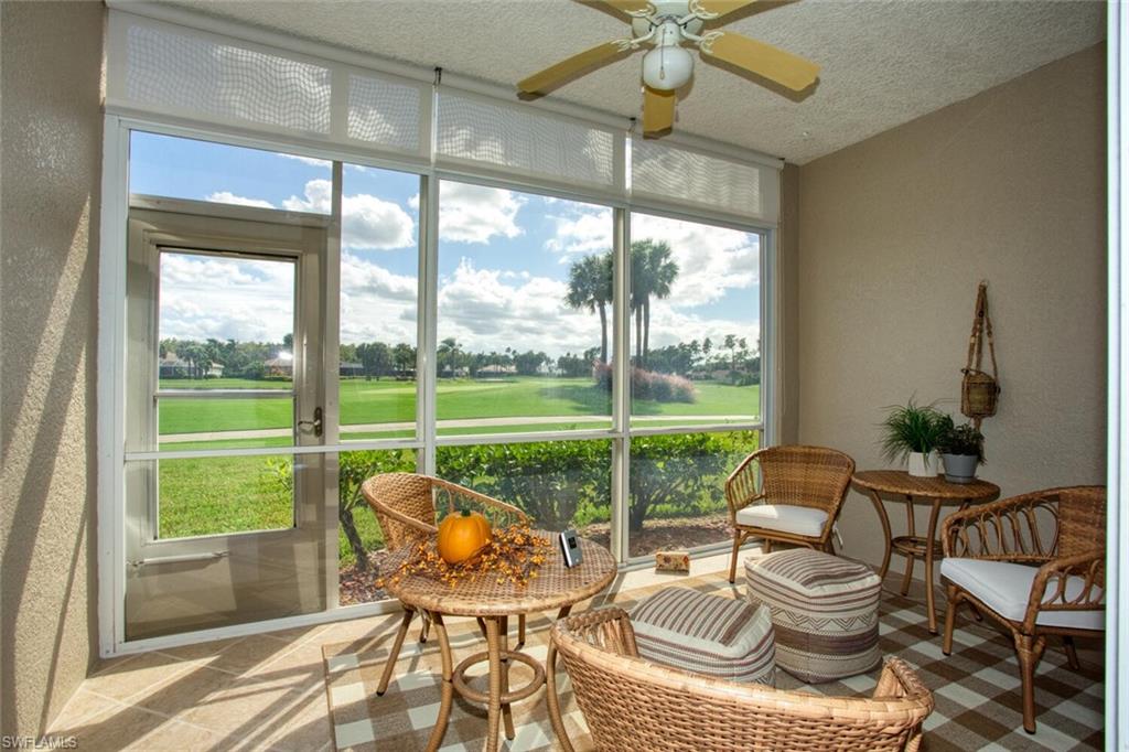Oh, so convenient first floor veranda in Heritage Palms Golf & Tennis community. The Barrington floor plan is 2 bedrooms, 2 full baths, a den plus a one-car garage. All the contemporary furnishings and fixtures are included. Watch all the activity on Sabal golf course from the front lanai just off the living area. This model also has sliding glass doors to the back lanai just off the kitchen which is another cozy spot to relax. Both lanais are tiled and enclosed for all weather comfort. You are in walking distance to the main clubhouse, golf and the activity center. Heritage Palms is bundled community with 2 18-hole golf courses, just pay cart fees. Other amenities include; 3 restaurant venues, active tennis community, pickleball, bocce ball, social events and new tiki bar renovation coming in January 2025. Check out both virtual tours!